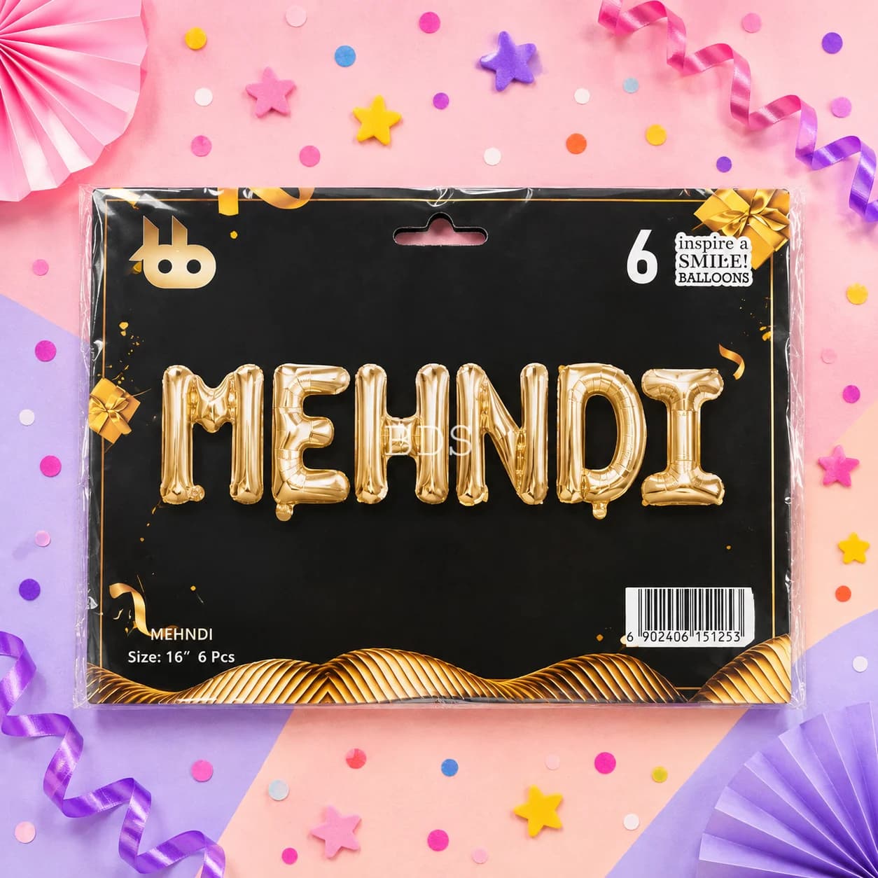Mehndi Gold Foil Letter Balloons Set (6 Pcs - 16 Inch)