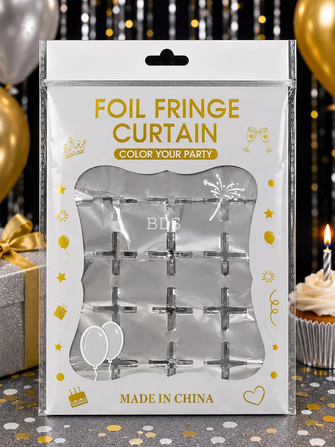 Silver Metallic Foil Fringe Curtain (Laser / Cross Pattern)