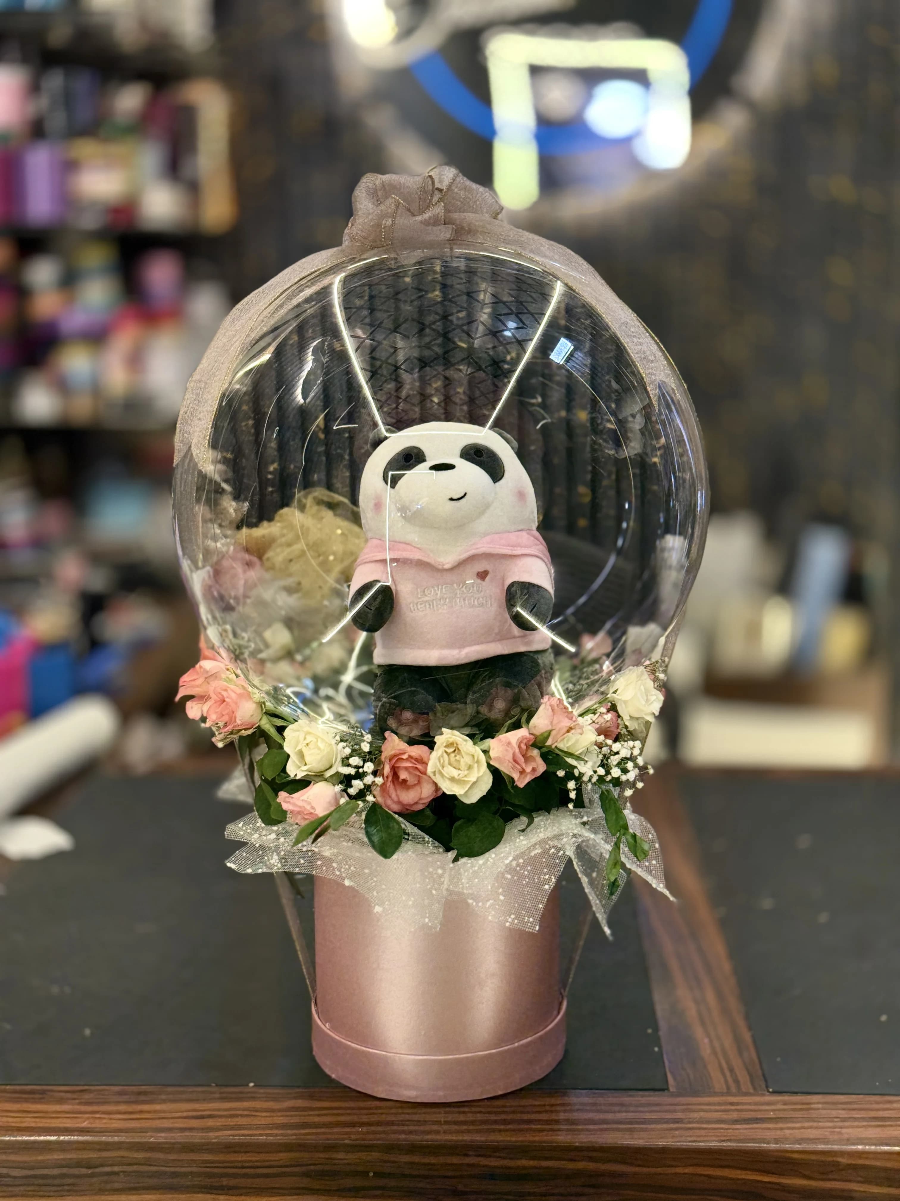 Pink Panda Teddy Bouquet with Roses in Dome Box