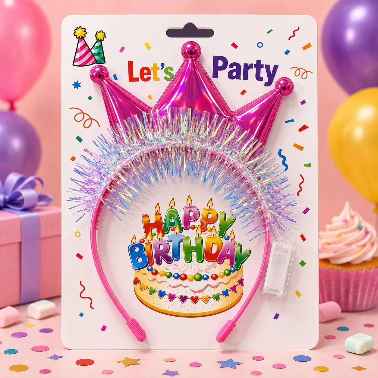 Pink Crown "HAPPY BIRTHDAY" Tinsel Headband