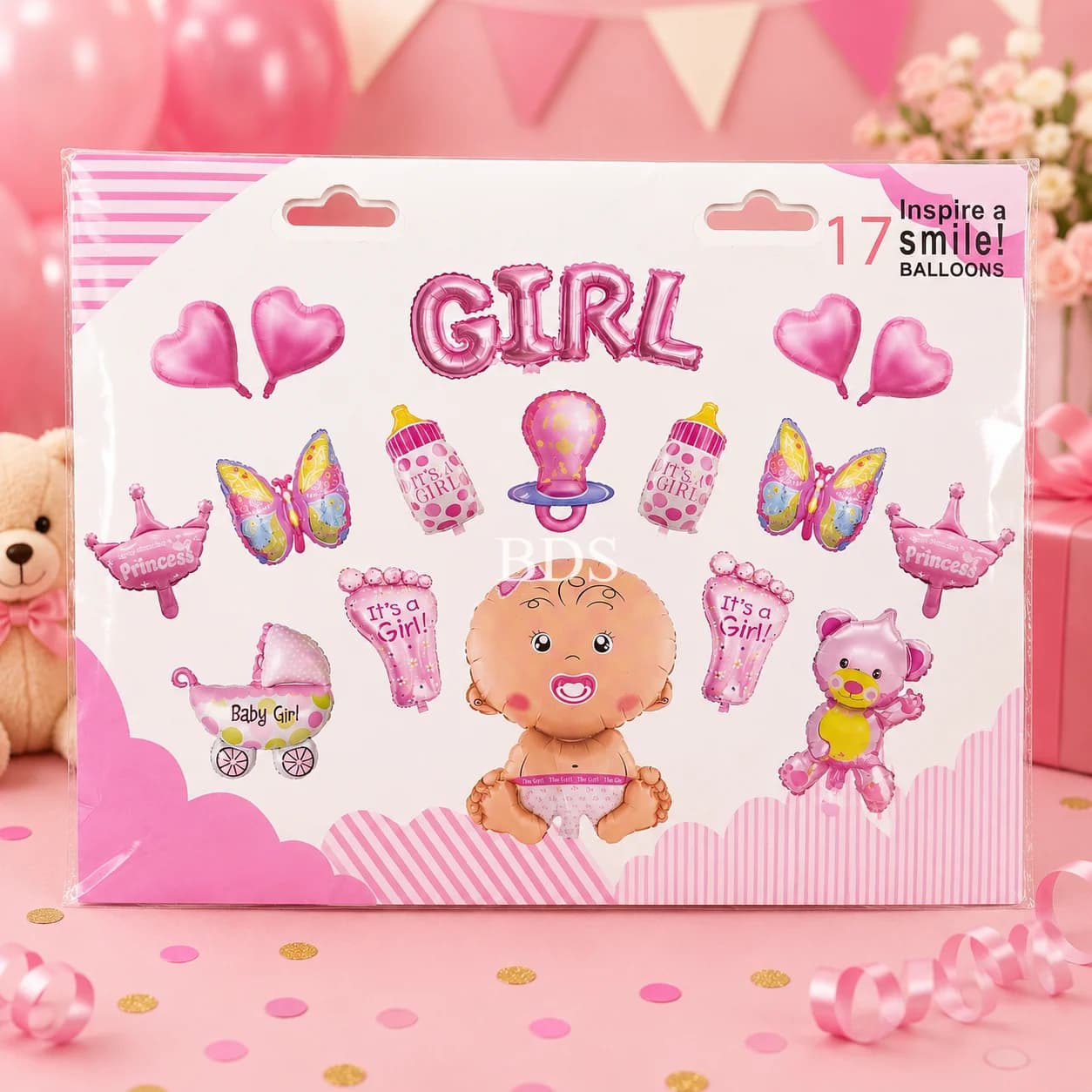 Pink "GIRL" Baby Shower Foil Balloon Set (17 Pcs)