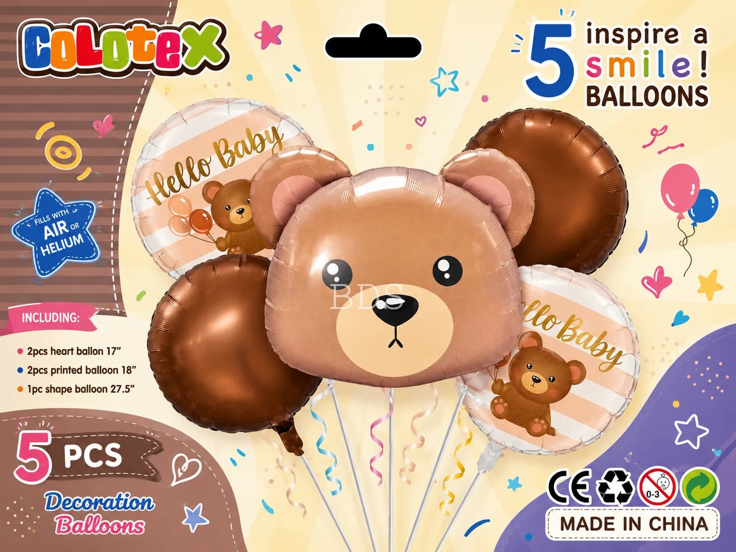 Teddy Bear Head Foil Balloon Set - "Hello Baby" (5 Pcs)