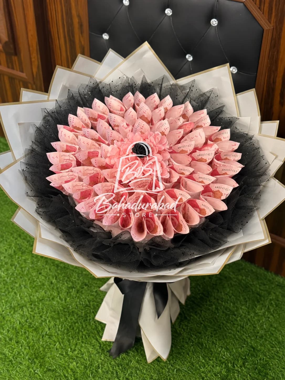 Elegant Pink Money Bouquet with Black Tulle Wrap