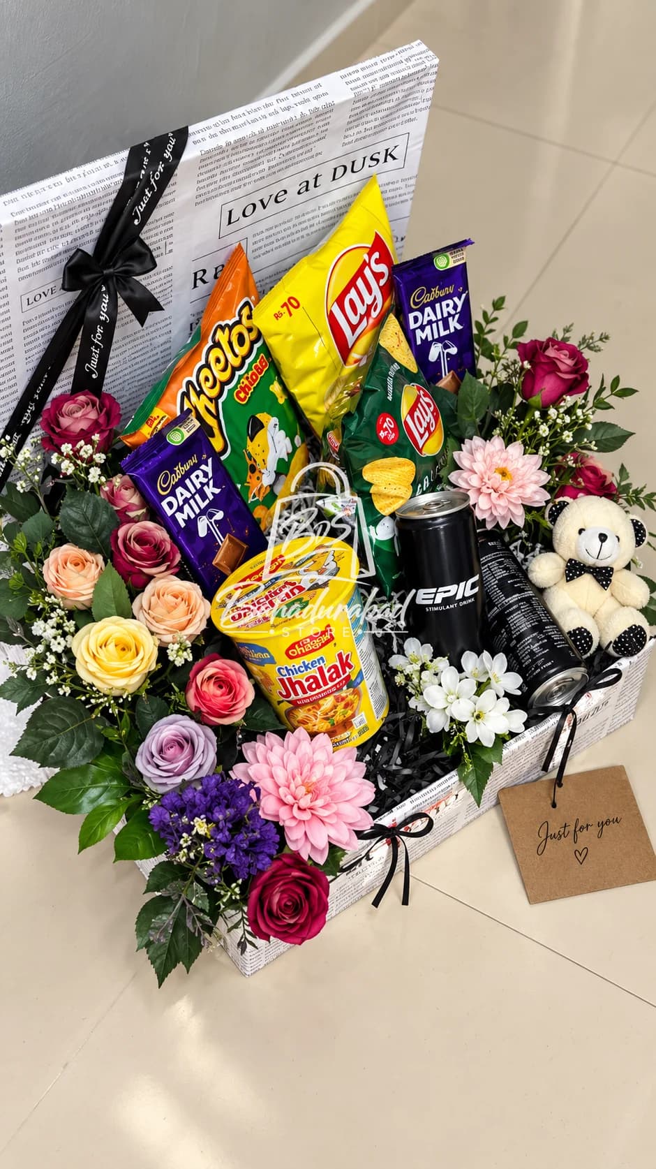 Romantic Snack & Flower Gift Basket with Teddy Bear