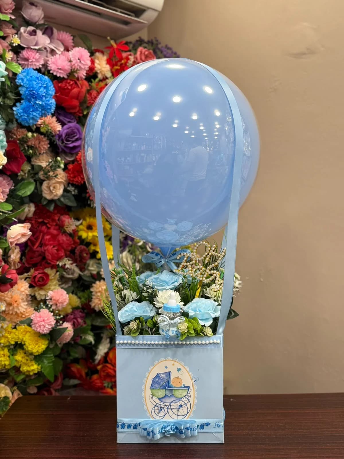 Hot Air Balloon Light Blue Baby Shower Gift Box Arrangement