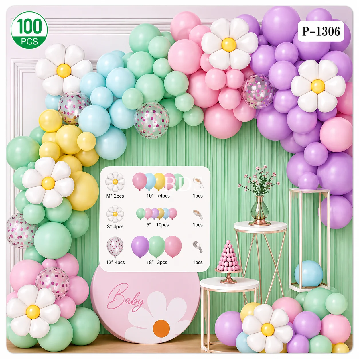 Pastel Daisy Flower Balloon Garland Arch Kit (100 Pcs)