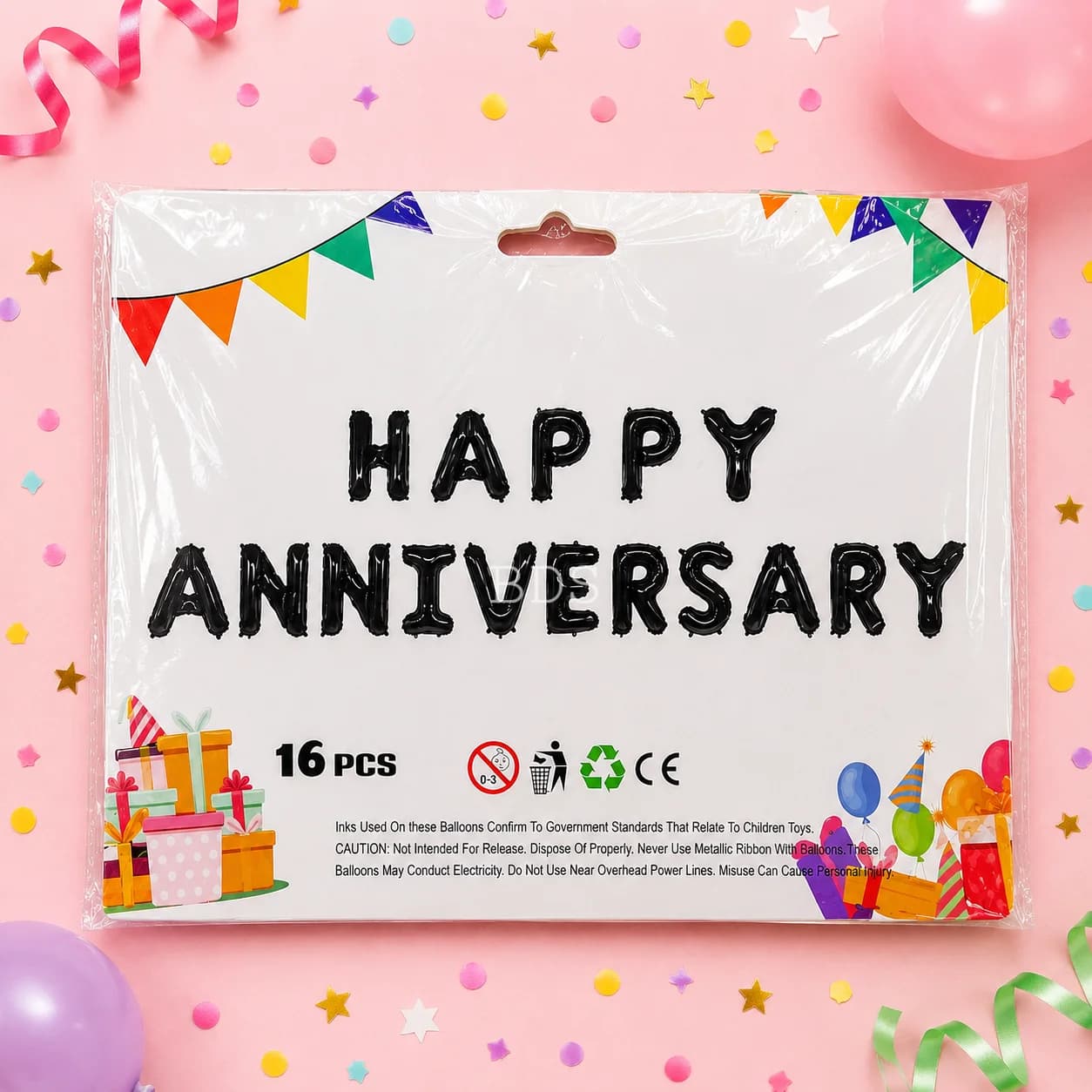 Black "HAPPY ANNIVERSARY" Foil Alphabet Balloon Set (16 Pcs)