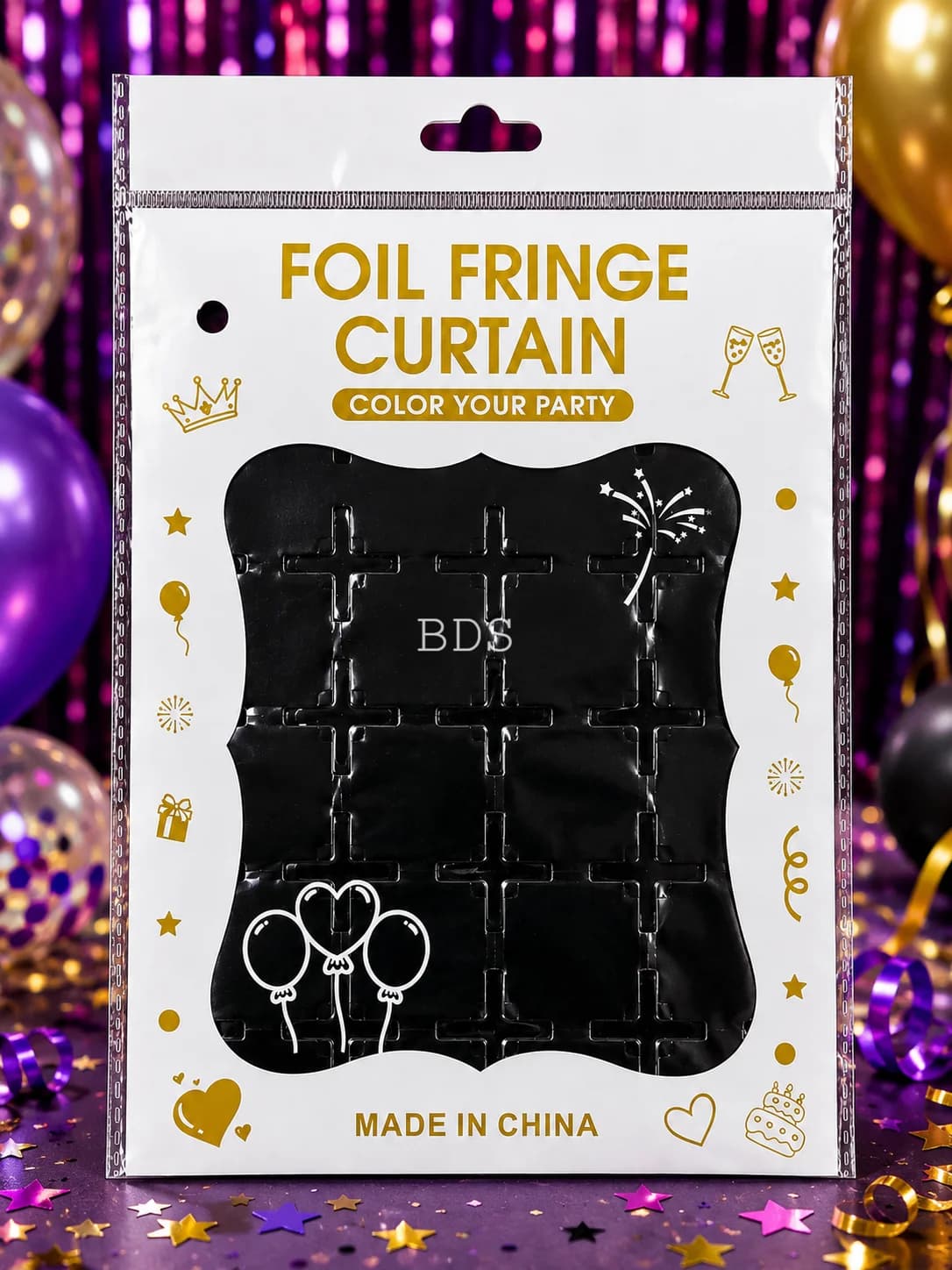 Black Metallic Foil Fringe Curtain (Laser / Cross Pattern)