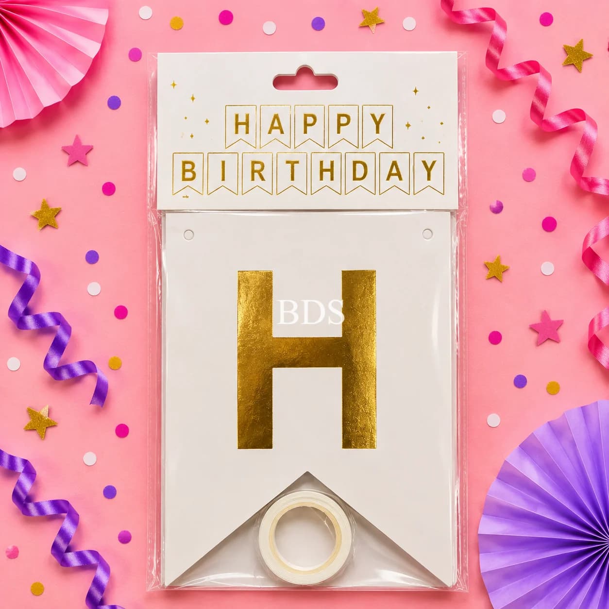 White and Gold Foil Happy Birthday Paper Bunting Banner