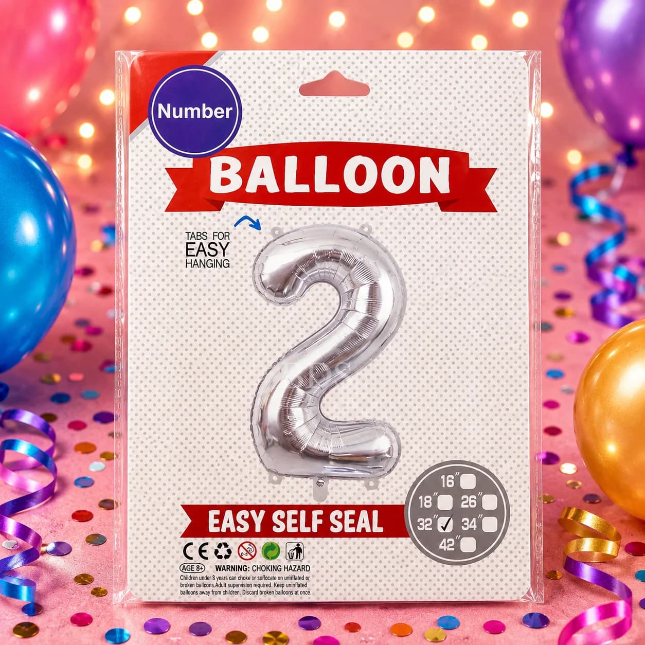 Silver Number 2 Self-Seal Foil Balloon