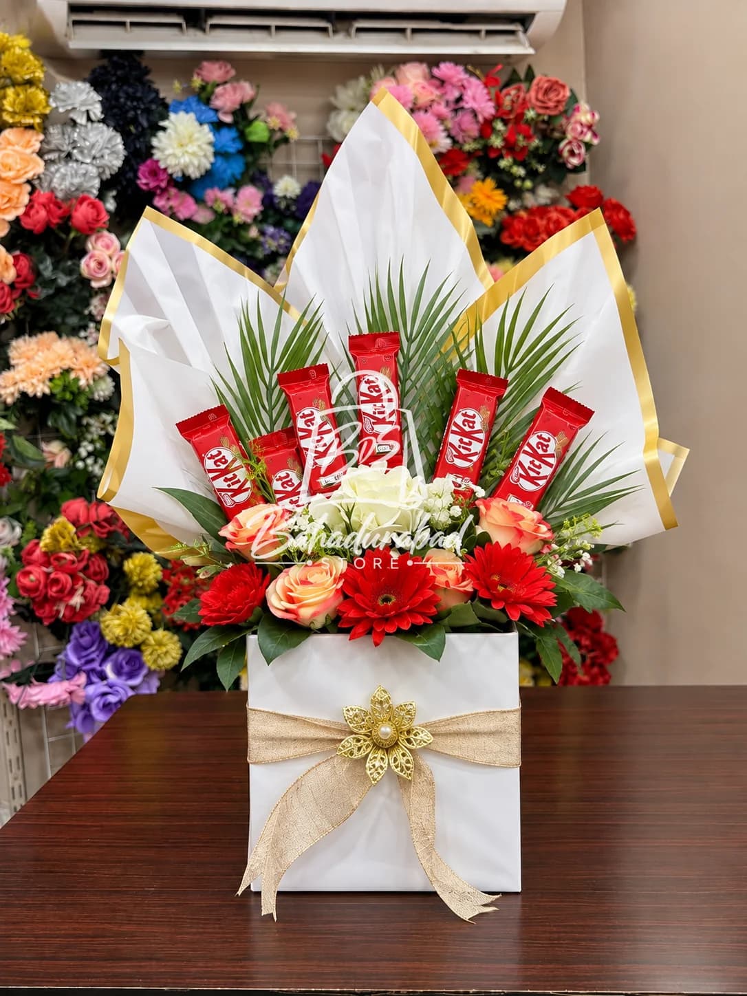Premium KitKat Chocolate and Mixed Flower Bouquet Gift Box