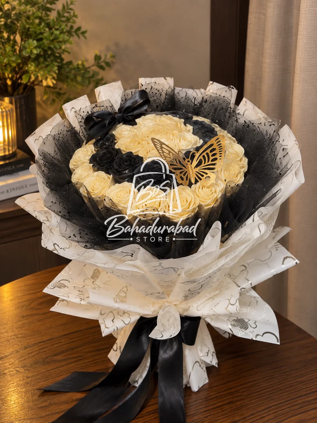 Black & Ivory Artificial Rose Bouquet with Gold Butterfly