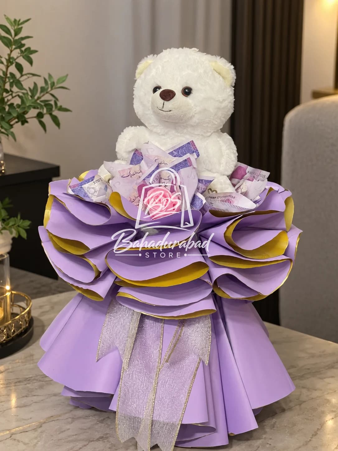 White Teddy Bear & Money Gift Bouquet in Purple & Gold Wrapping