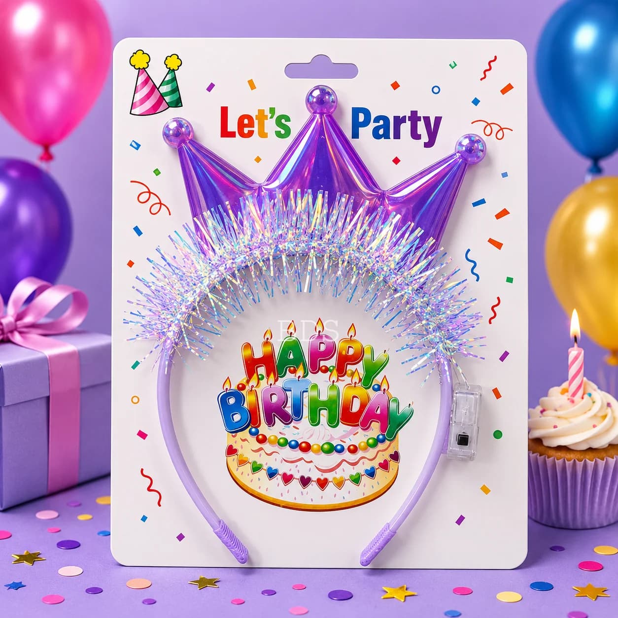 LED Light-Up Purple Crown Birthday Headband with Tinsel