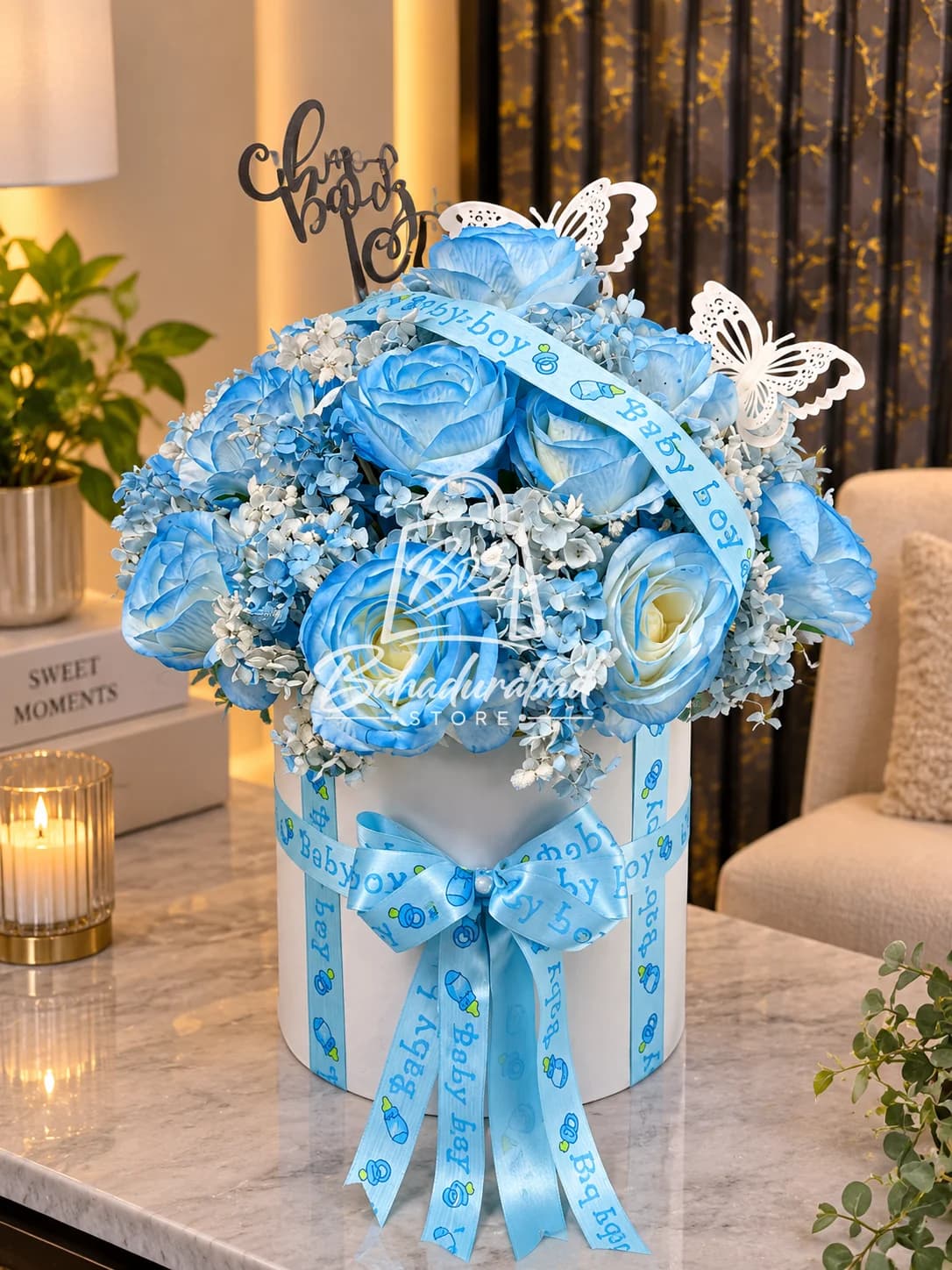Baby Boy Theme Artificial Blue Rose Floral Arrangement in Gift Box