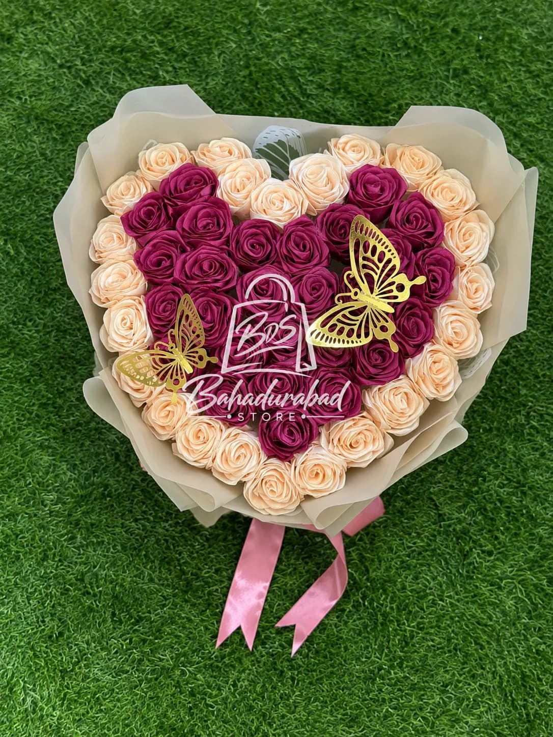 Heart-Shaped Two-Tone Soap Rose Bouquet with Butterflies