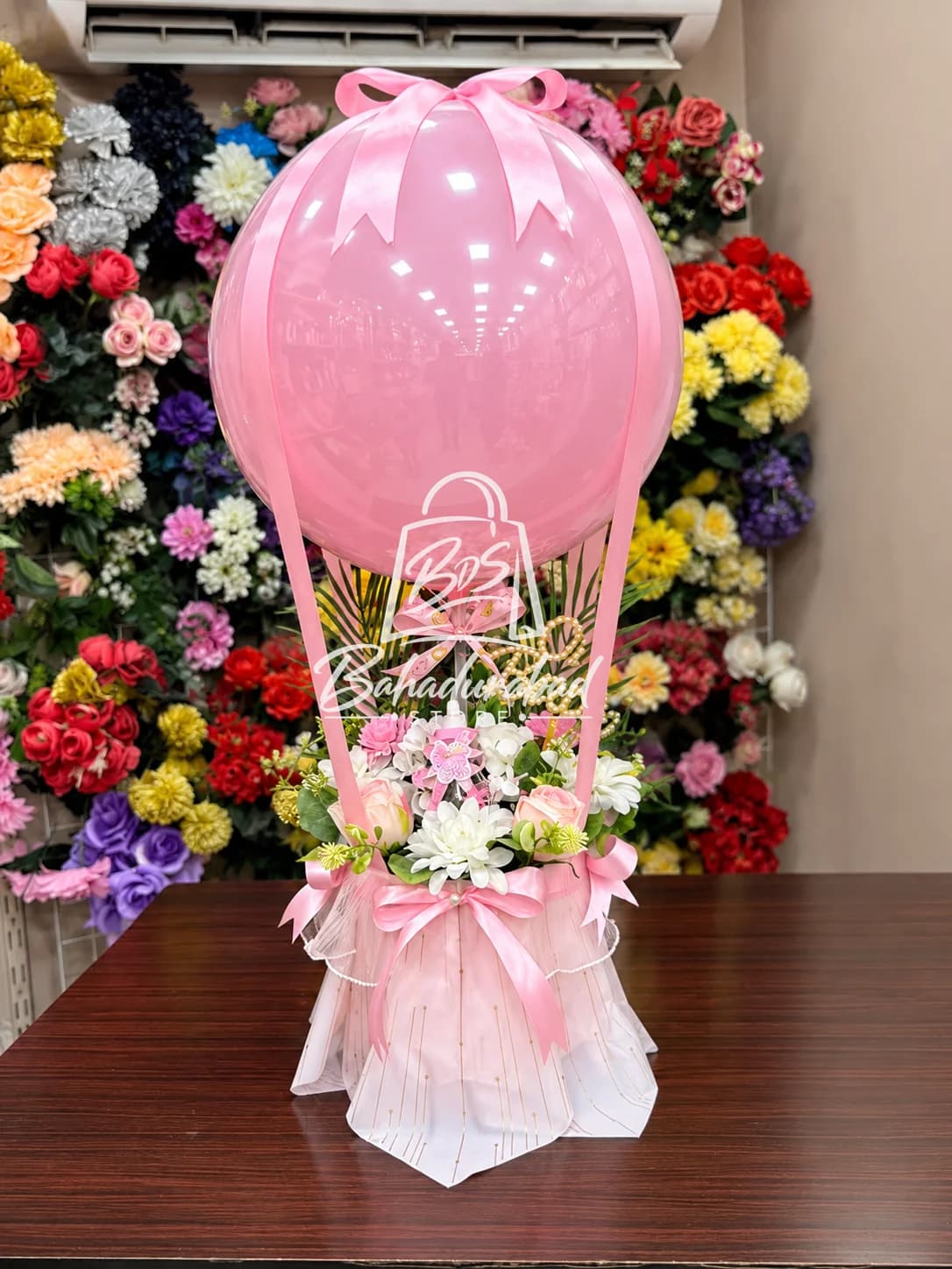 Pink Hot Air Balloon Floral Gift Basket with Tulle