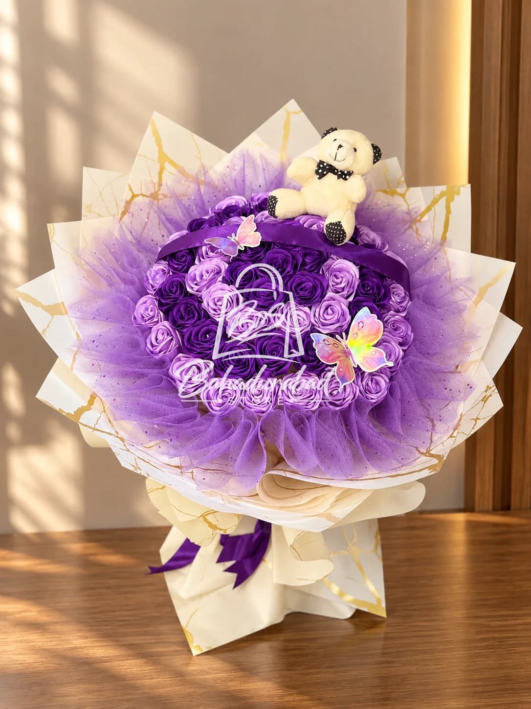 Purple Rose Teddy Bouquet with Mini Bear