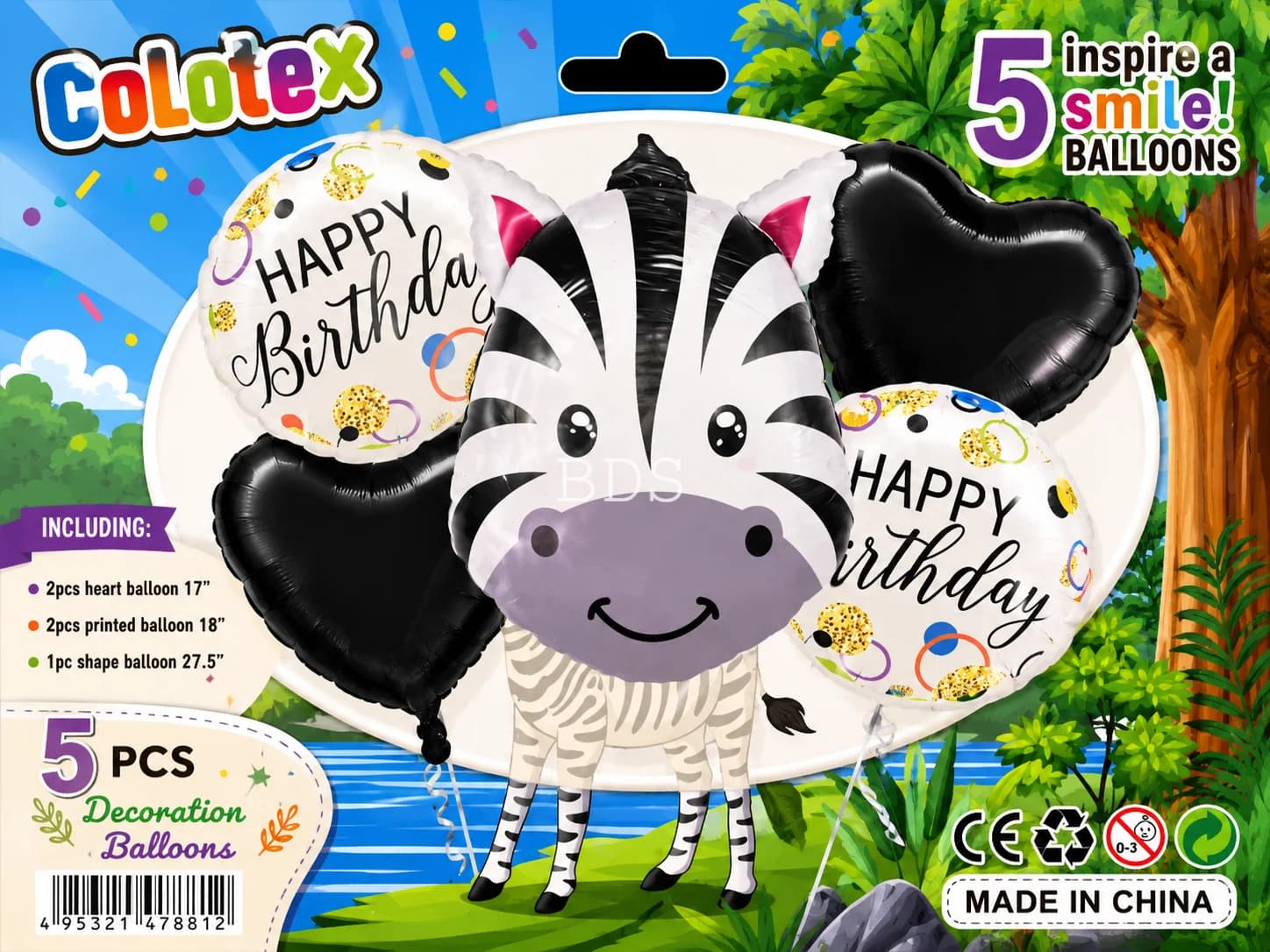 Colotex Zebra 5 Pcs Birthday Foil Balloons Set