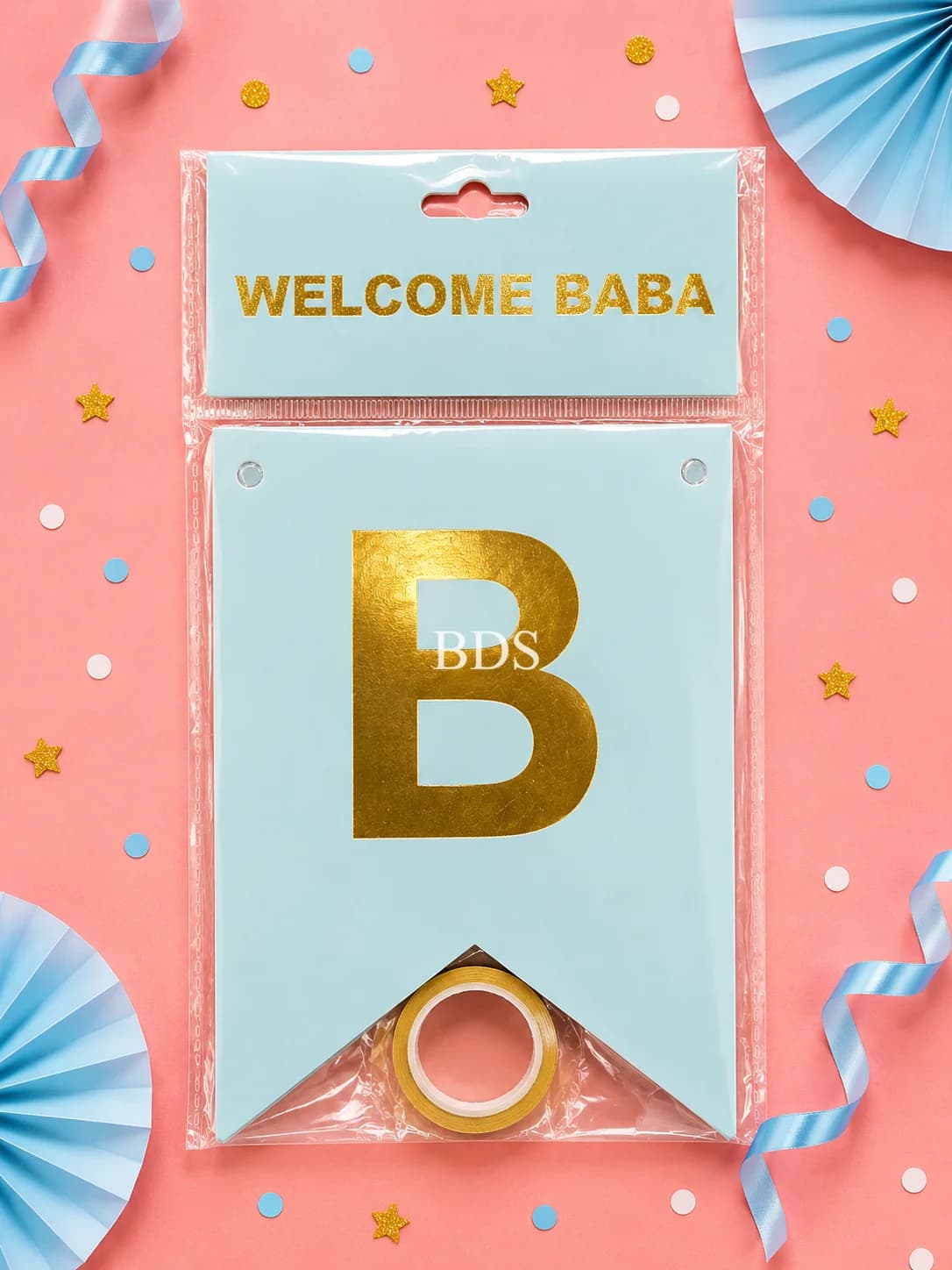 Light Blue & Gold "WELCOME BABA" Paper Bunting Banner