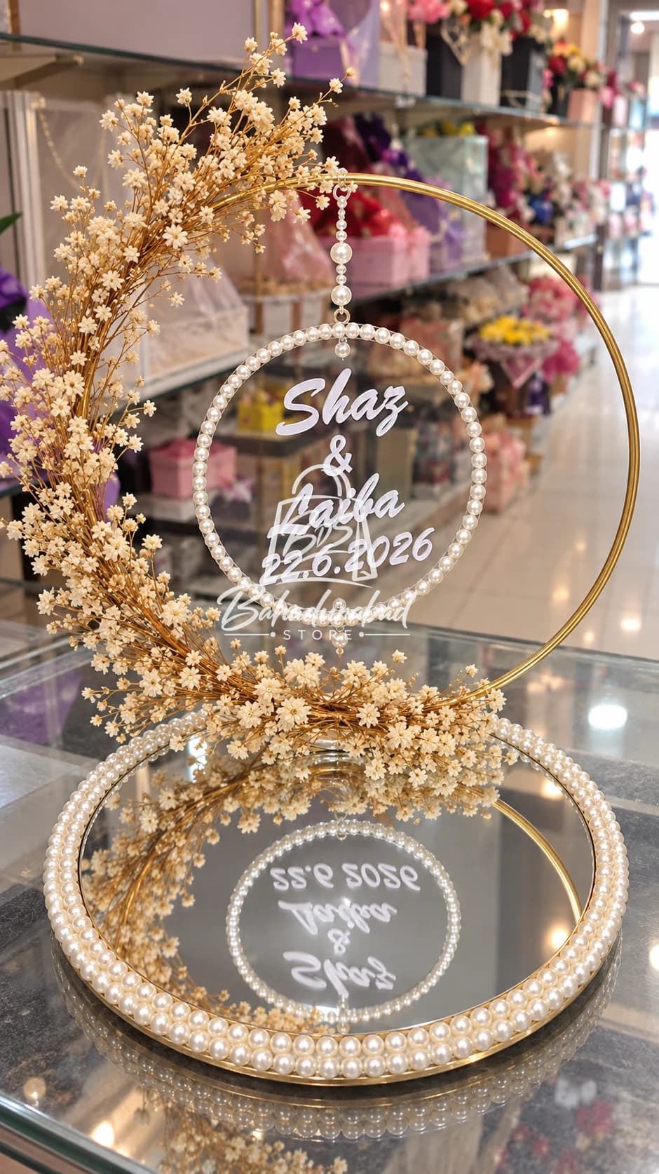 Gold Pearl Decorative Wedding Table Standee with Dried Flowers