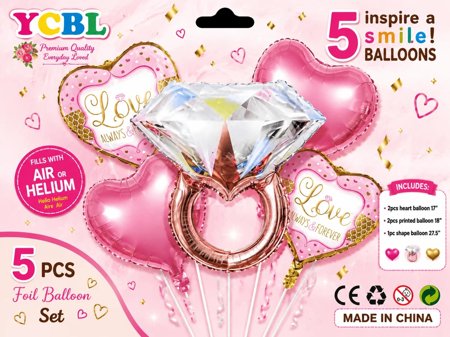 5 Pcs Diamond Ring and Heart Foil Balloon Bouquet Set