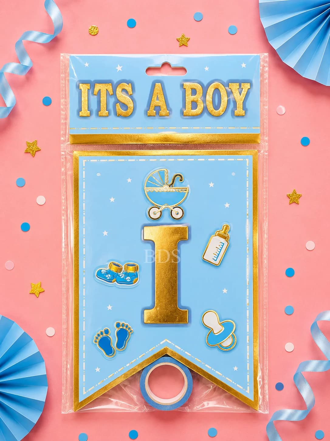 It's A Boy Blue and Gold Foil Baby Shower Bunting Banner