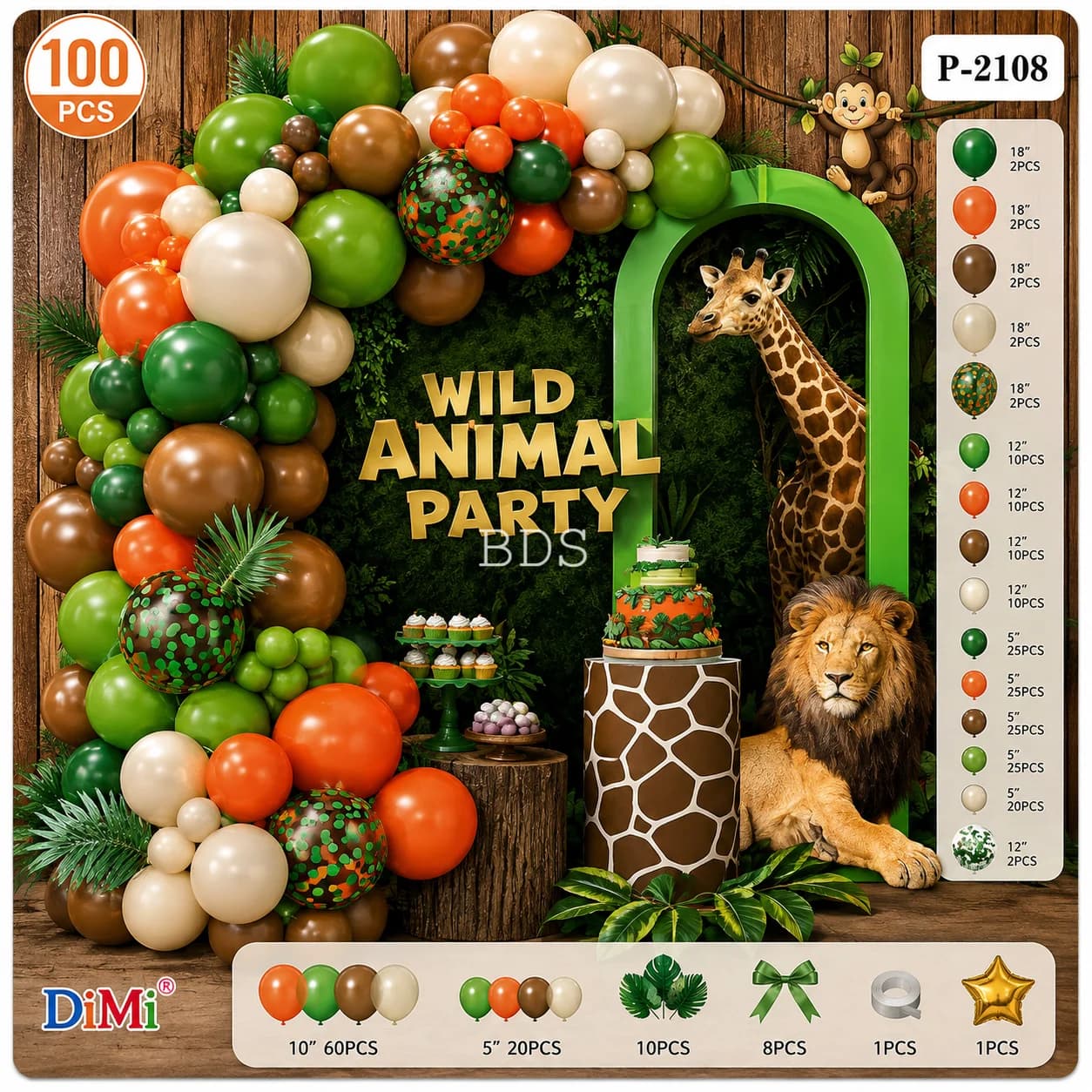 DiMi Wild Animal Party Jungle Balloon Arch Garland Kit (100 Pcs)
