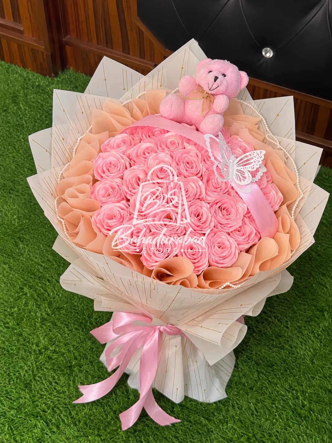 Pink Artificial Rose Bouquet with Mini Plush Teddy Bear