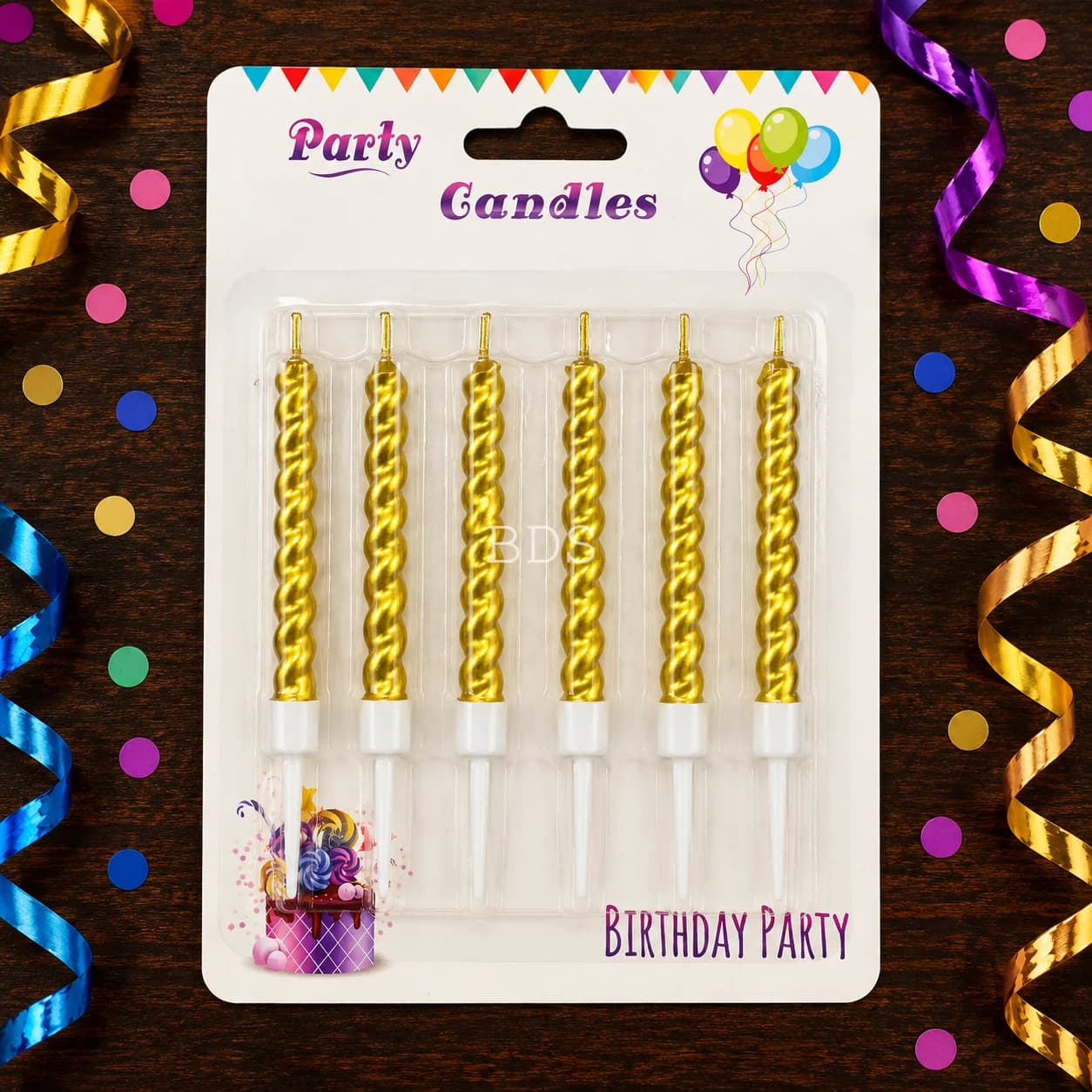 Metallic Gold Spiral Birthday Candles with Holders - Pack of 6