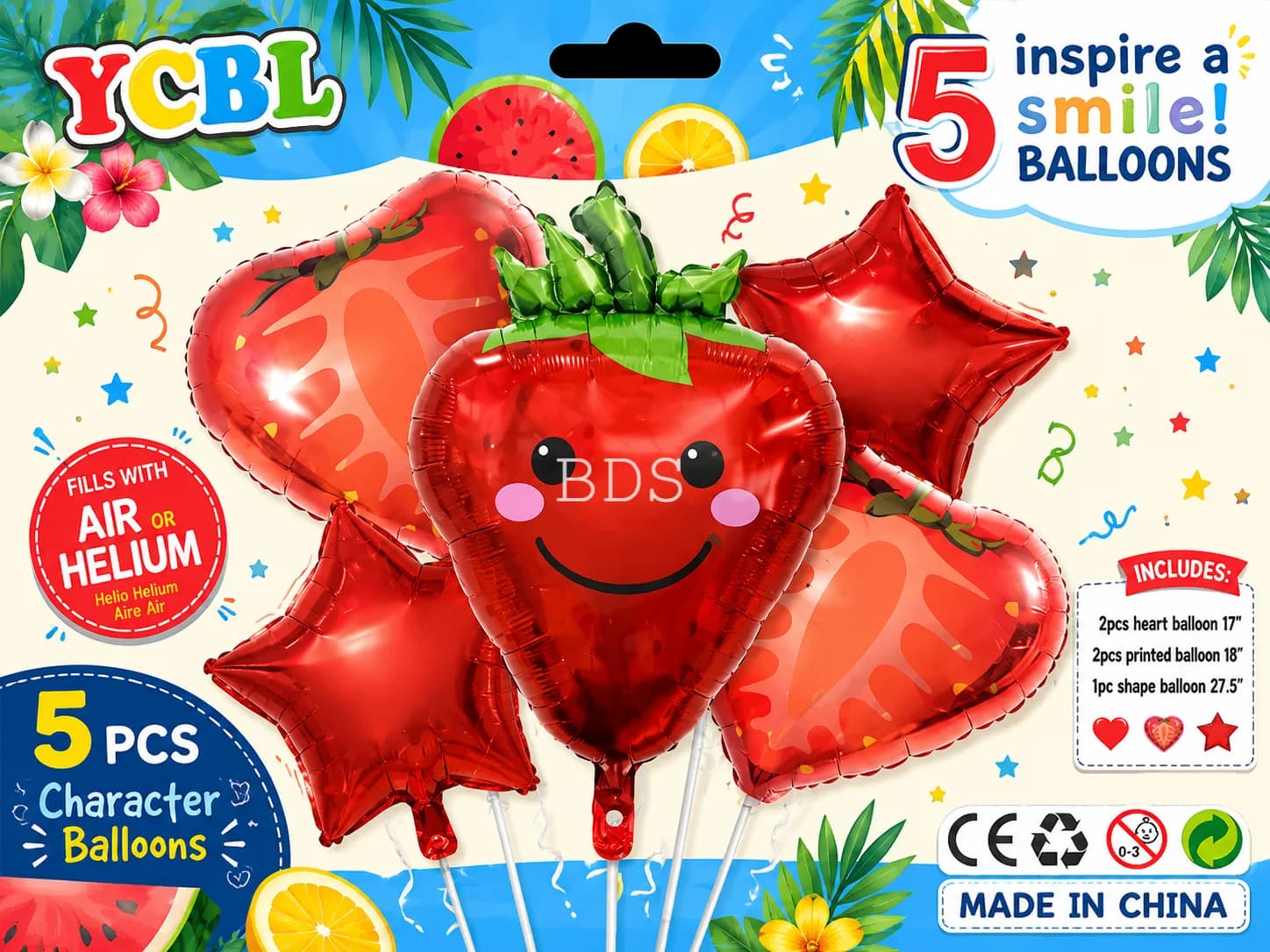 YCBL Strawberry 5 Pcs Character Foil Balloons Set