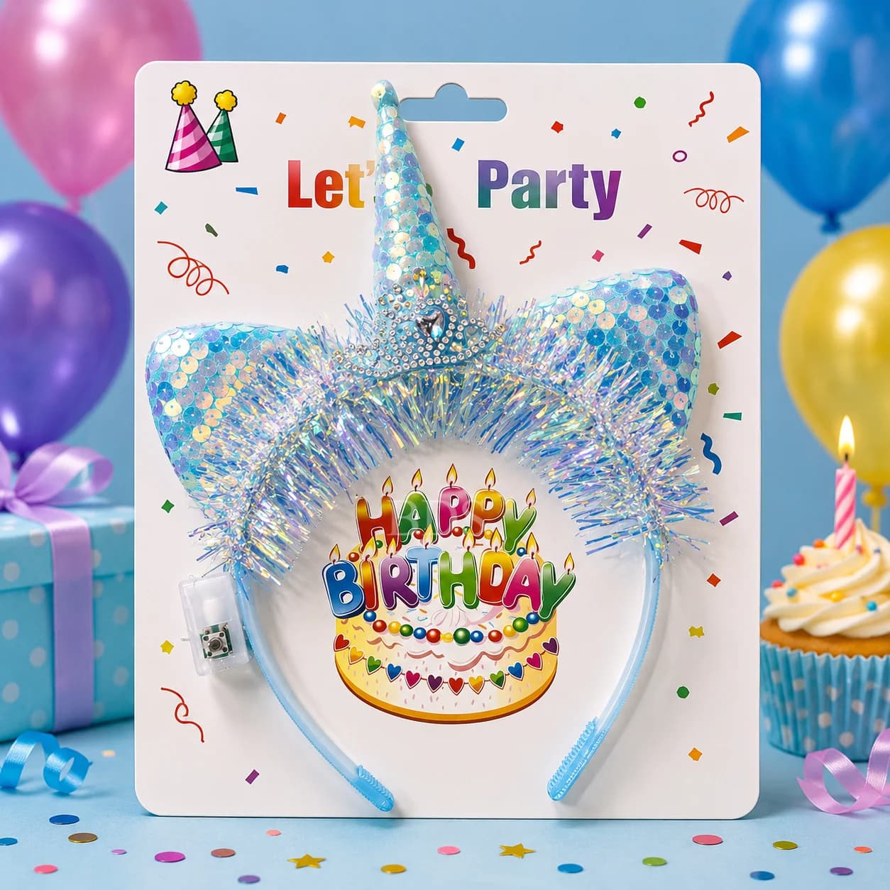 Light Blue Sequined Party Hat "HAPPY BIRTHDAY" Tinsel Headband