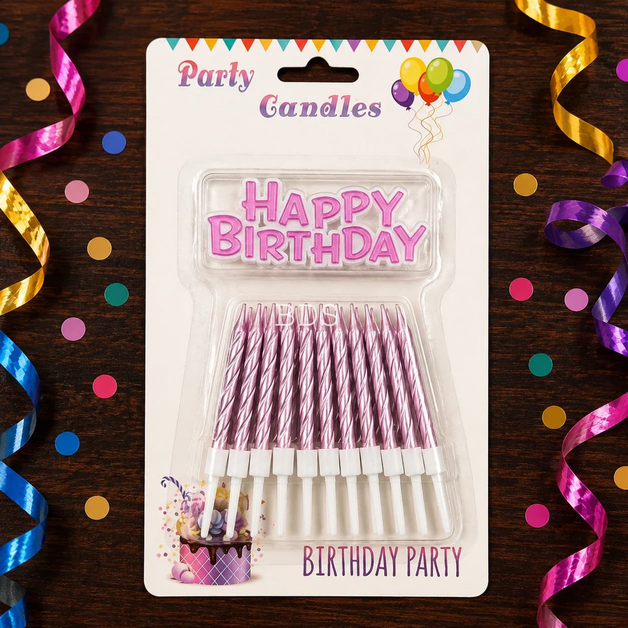 Metallic Pink Spiral Birthday Candles with Happy Birthday Cake Topper