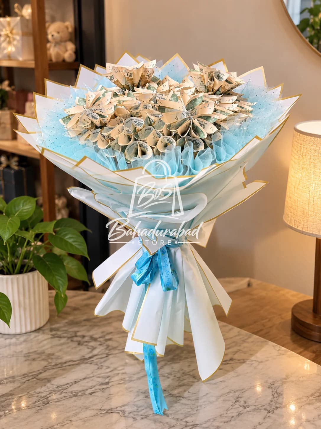 Artisanal Money Bouquet with Blue Wrapping