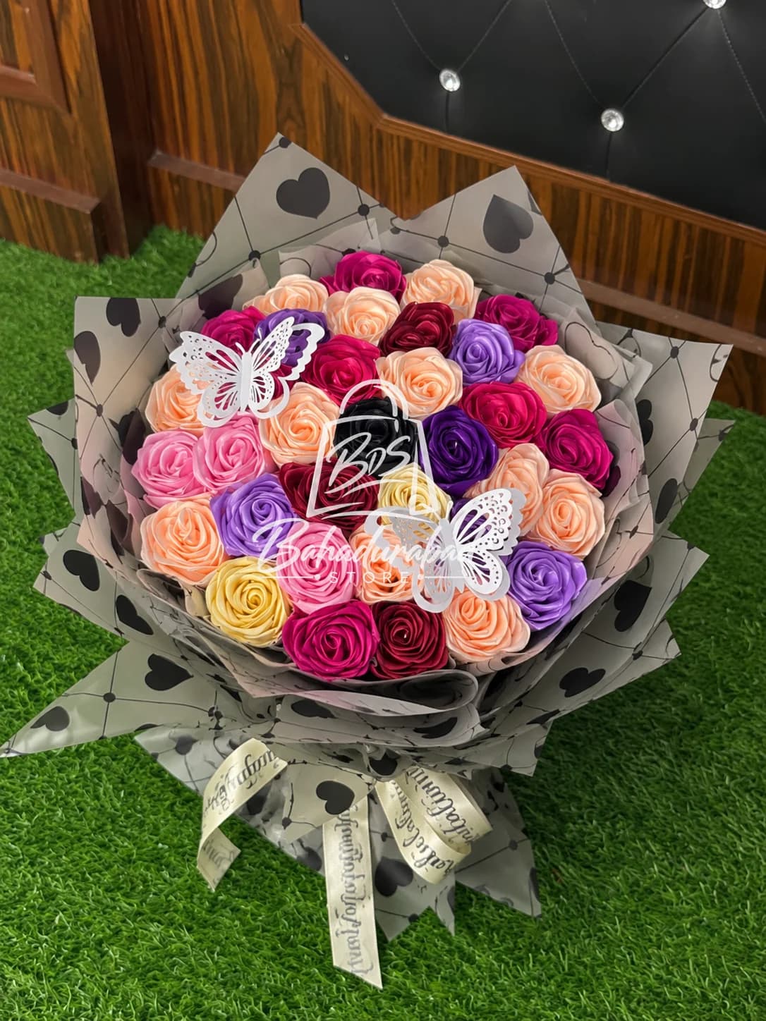 Handmade Satin Ribbon Rose Bouquet with Butterfly Accents
