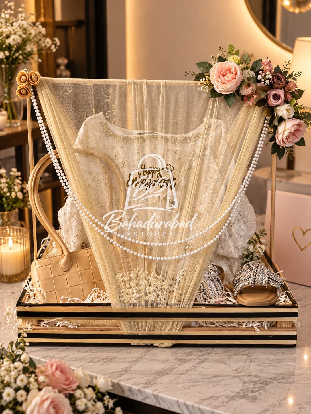 Luxury Bridal Trousseau Presentation Gift Tray with Floral & Pearl Accents