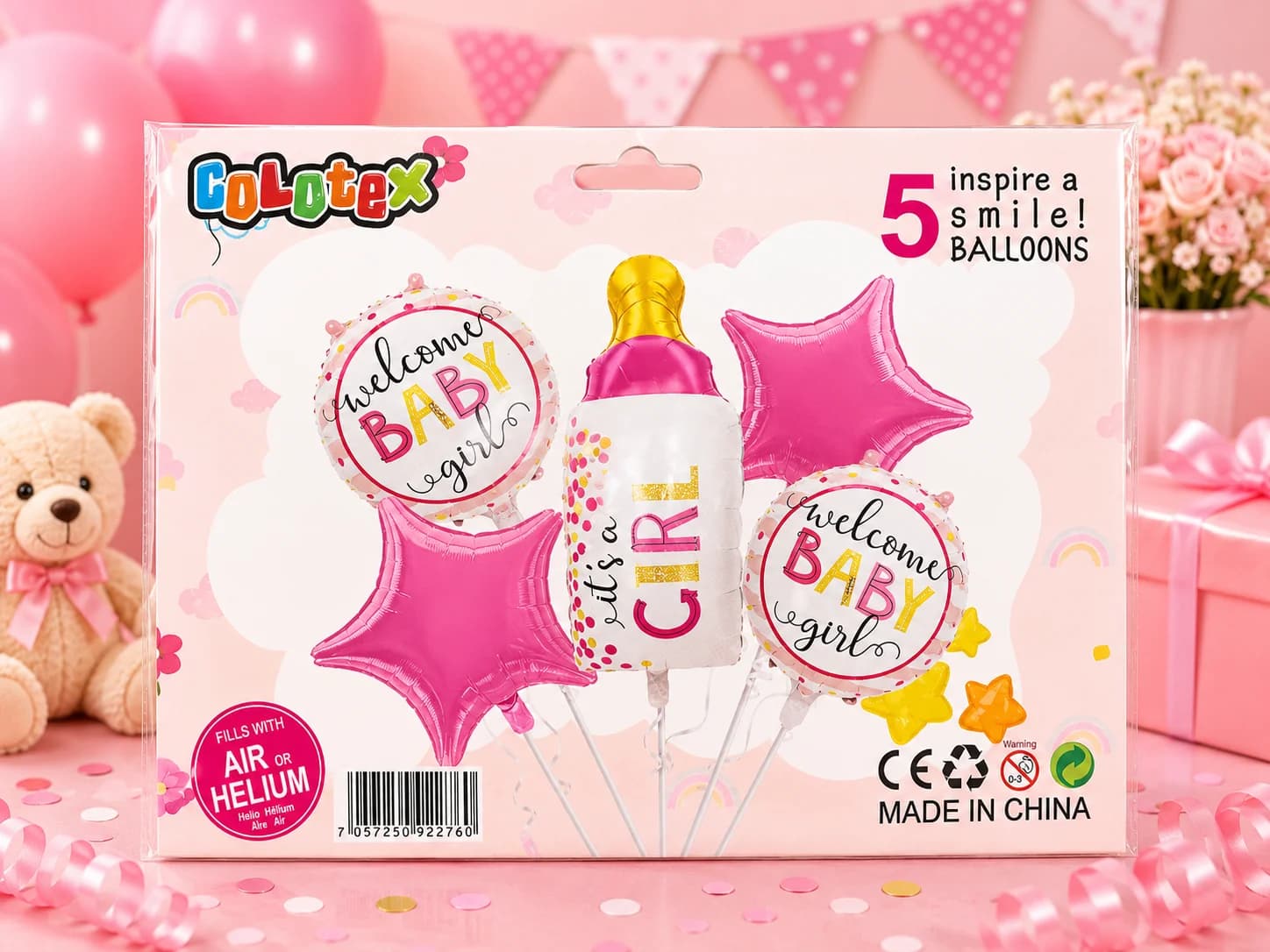 5-Piece 'Welcome Baby Girl' Foil Balloon Bouquet Set