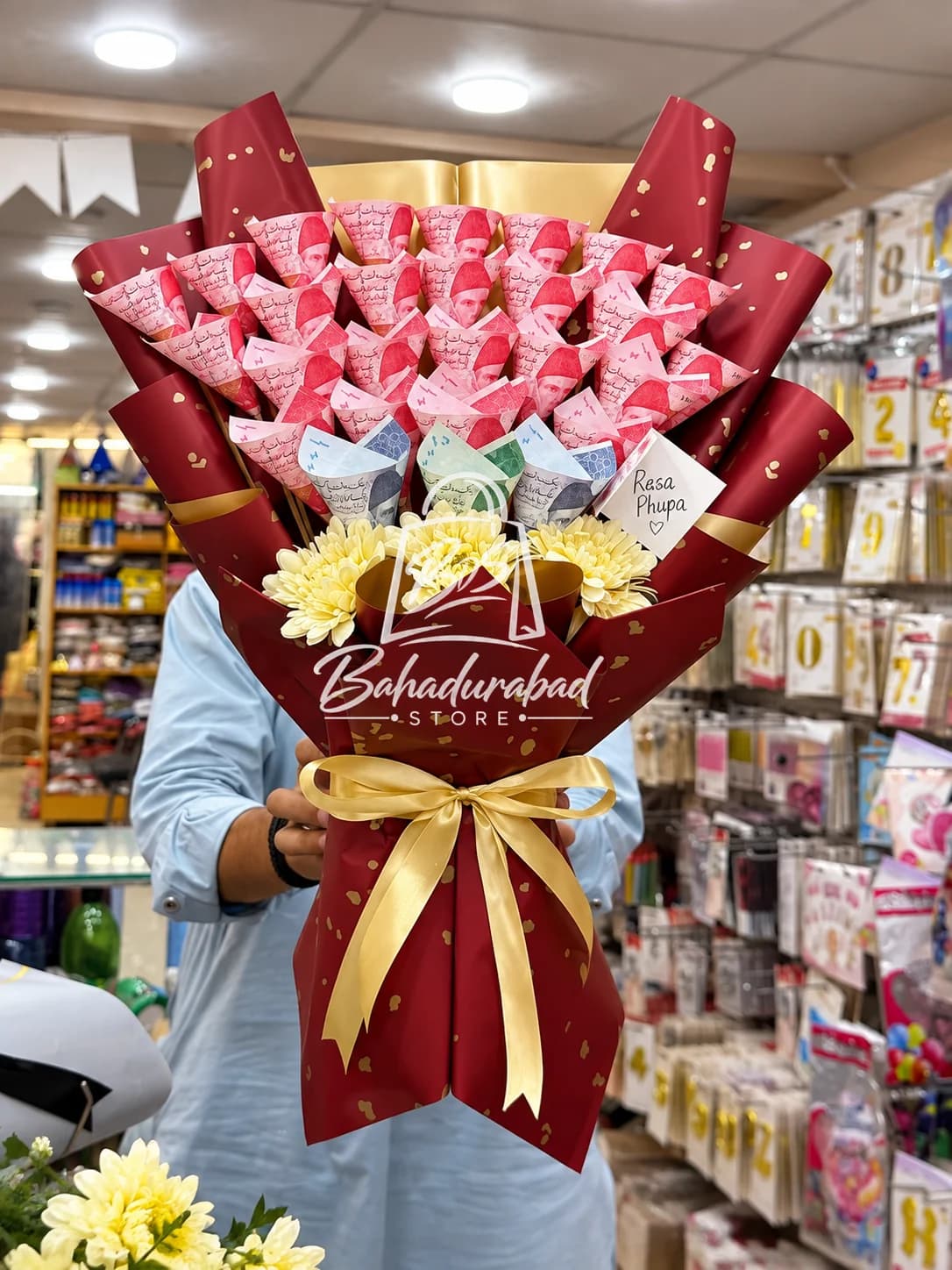 Handcrafted Money Bouquet with Yellow Flowers in Maroon and Gold Wrap