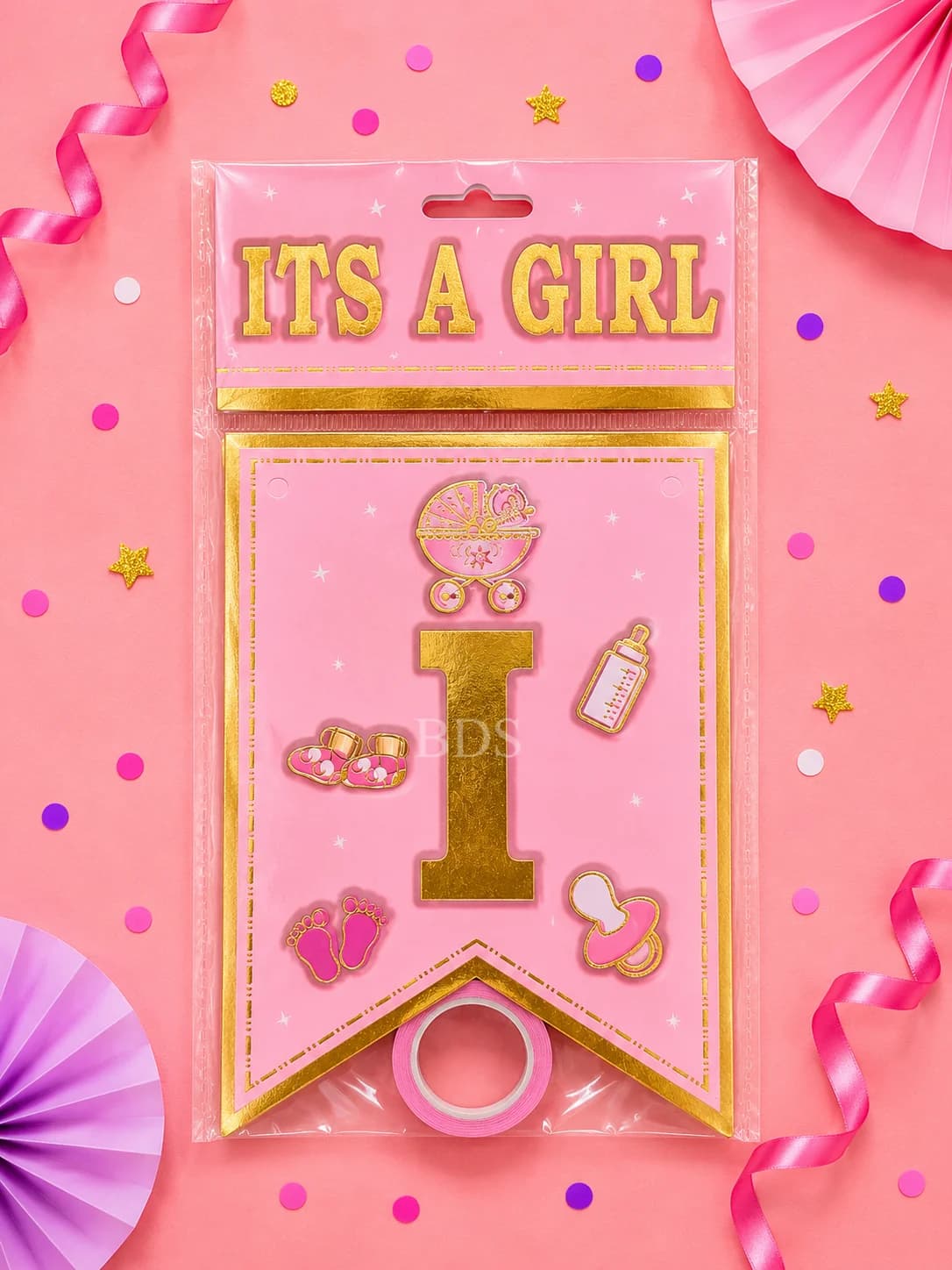 Gold and Pink "It's a Girl" Baby Banner with Tape