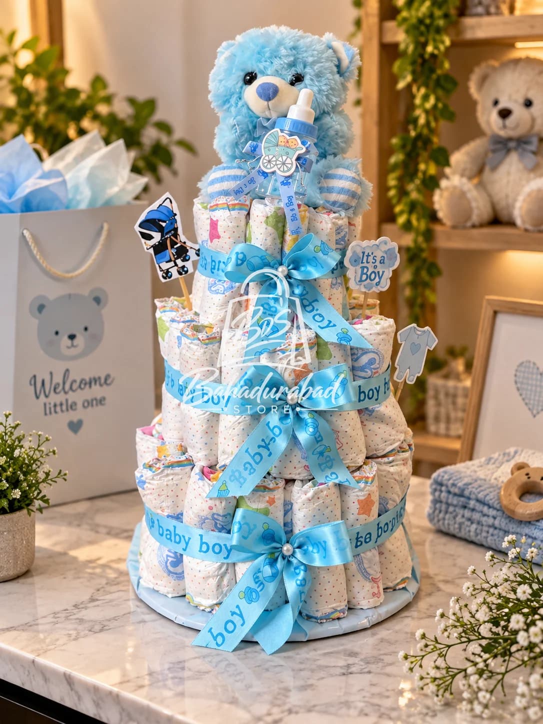 3-Tier Blue Teddy Bear Baby Boy Diaper Cake