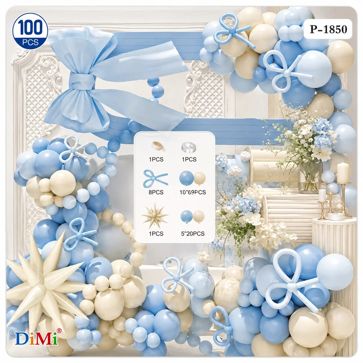 DiMi Pastel Blue & Cream Balloon Arch Garland Kit with Starburst & Ribbon Bow (100 Pcs)