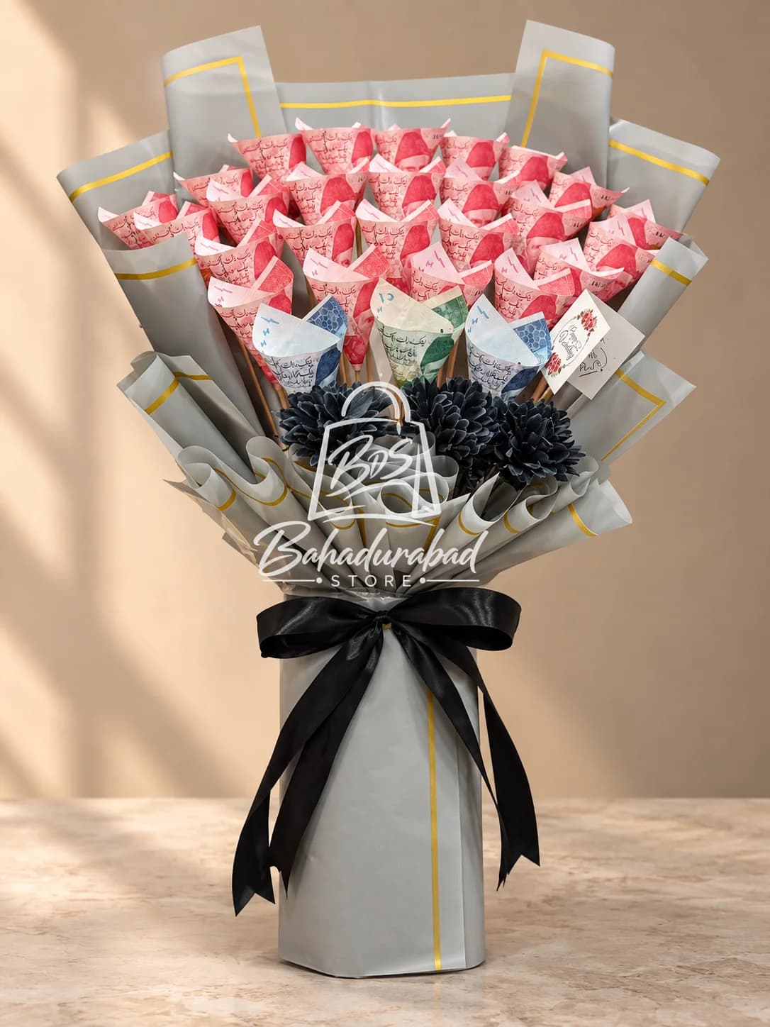 Elegant Pakistani Currency Money Bouquet with Grey Wrapping